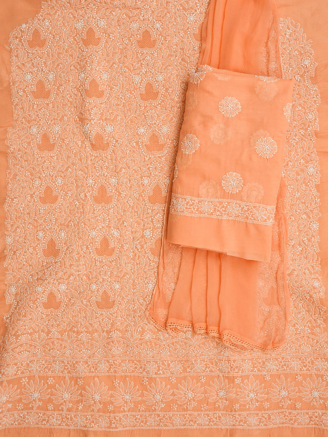 Ada Hand Embroidered Creamy Peach Cotton Lucknowi Chikankari Unstitched Suit Piece 01A844686