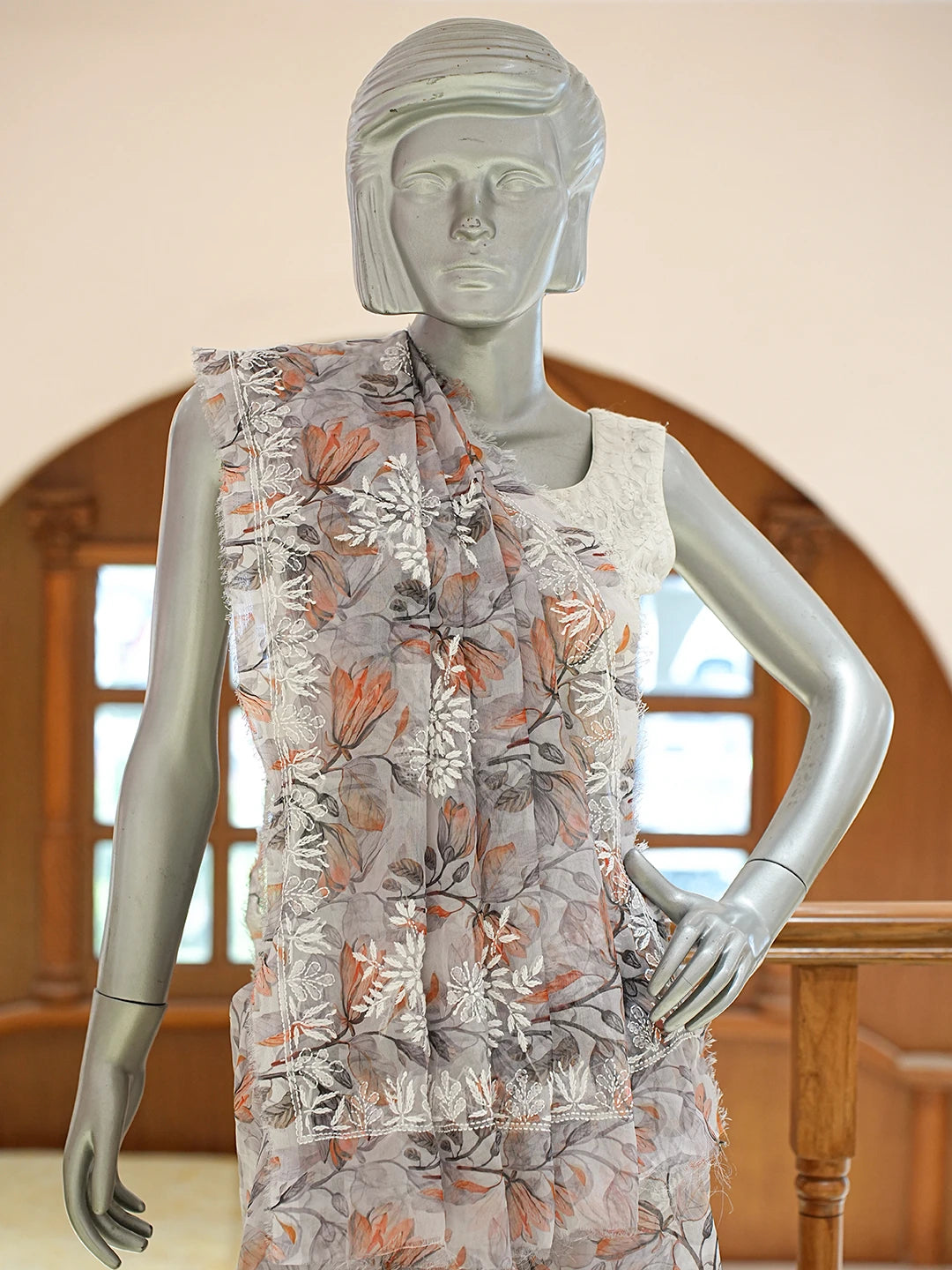 Ada Hand Embroidered Grey Organza Floral Printed Lucknowi Chikankari Saree and Blouse 01A836541