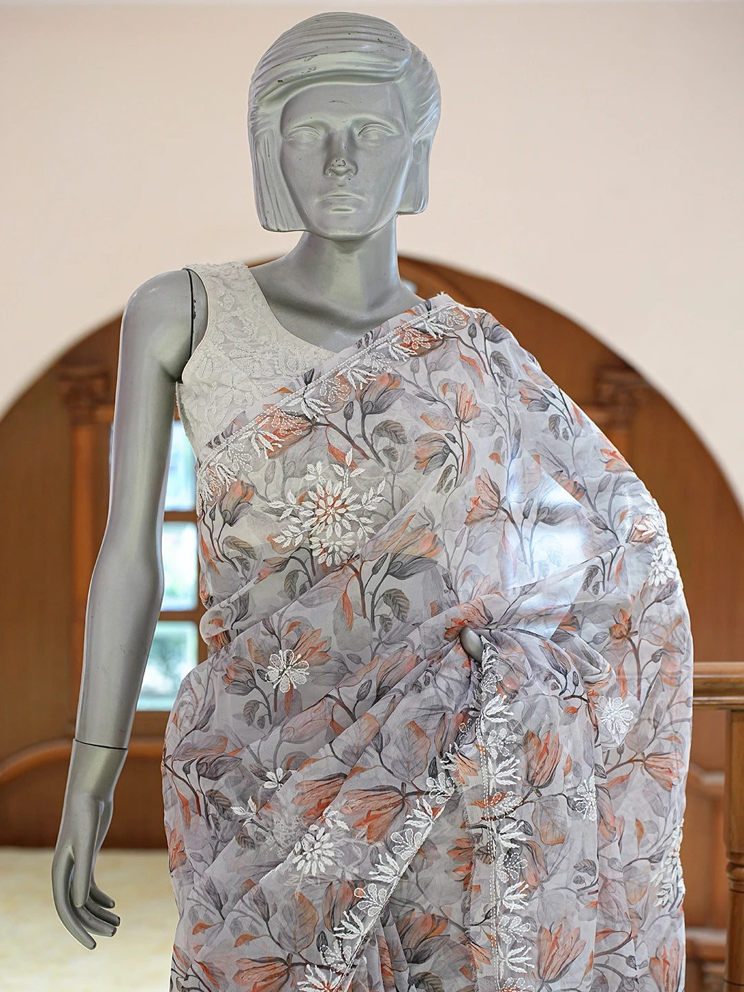 Ada Hand Embroidered Grey Organza Floral Printed Lucknowi Chikankari Saree and Blouse 01A836541