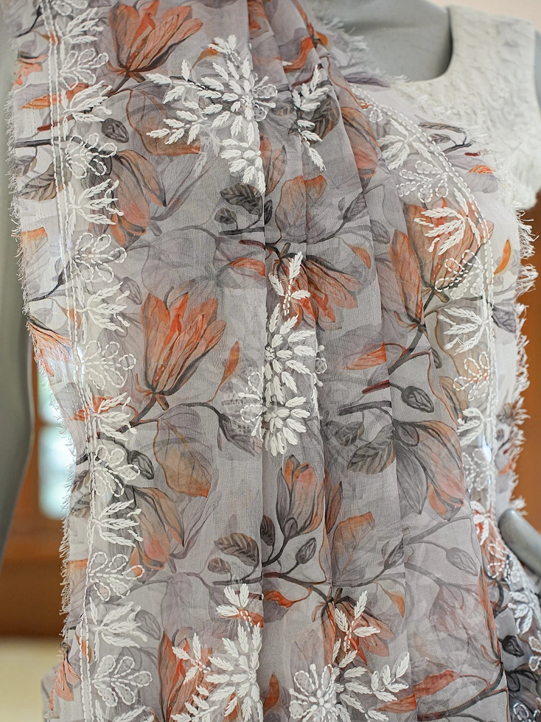 Ada Hand Embroidered Grey Organza Floral Printed Lucknowi Chikankari Saree and Blouse 01A836541