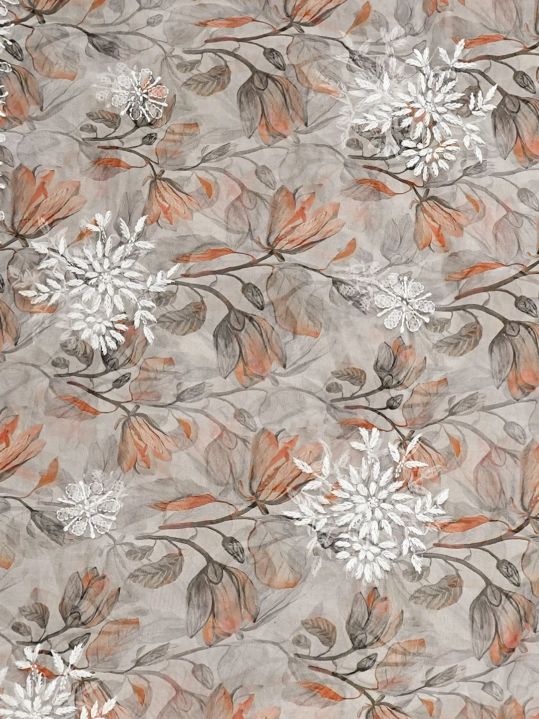 Ada Hand Embroidered Grey Organza Floral Printed Lucknowi Chikankari Saree and Blouse 01A836541