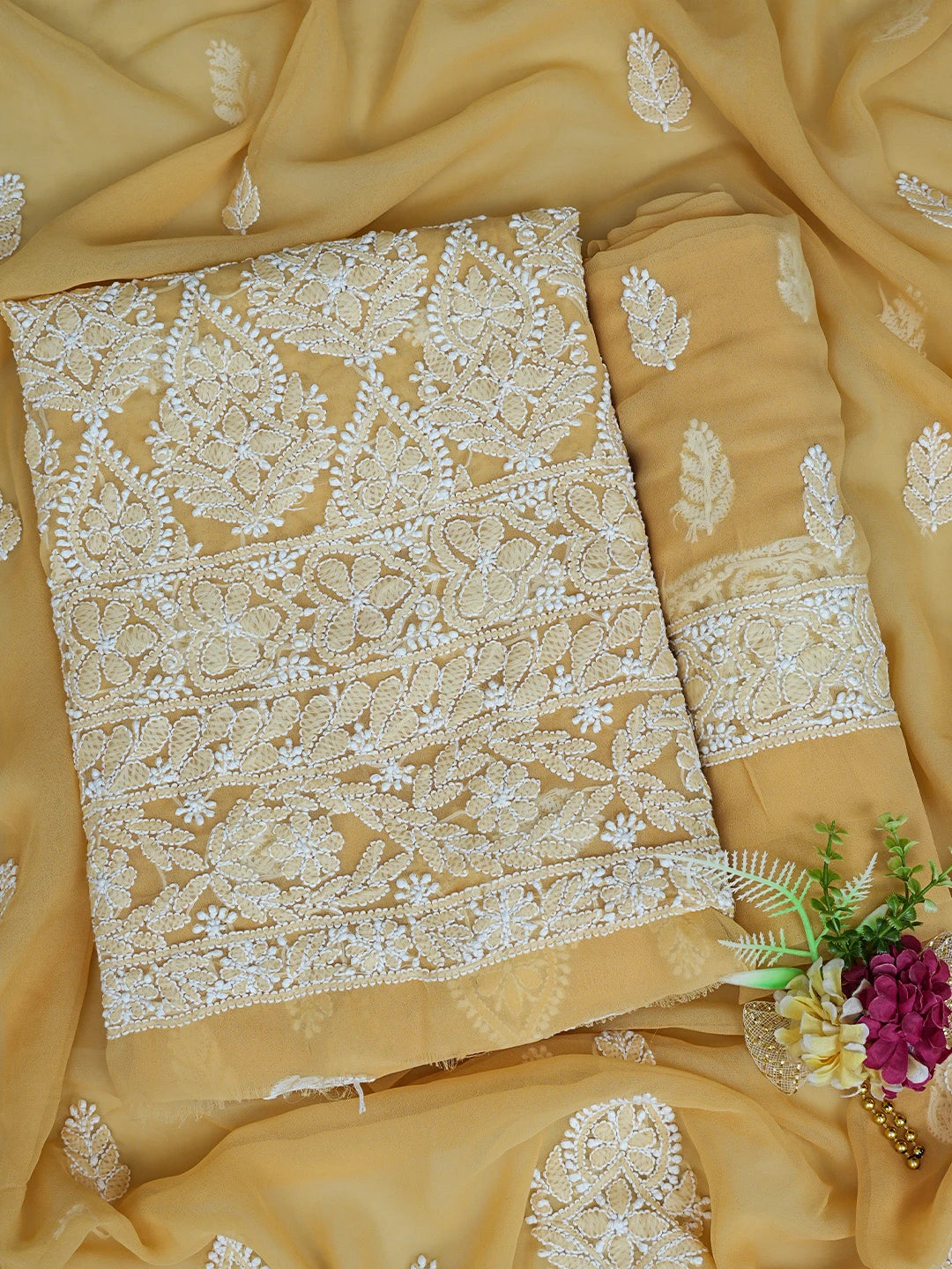 Ada Hand Embroidered Fawn Georgette Lucknowi Chikankari Unstitched Suit Piece 01A835660