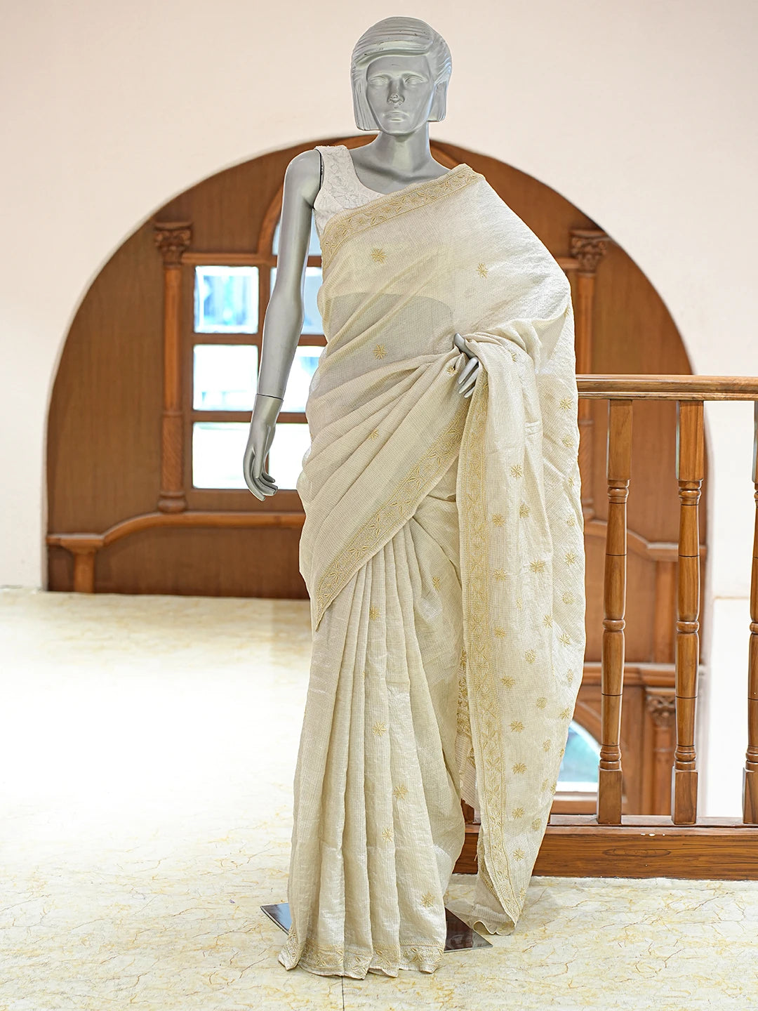 Ada Hand Embroidered Fawn Tissue Lucknowi Chikankari Saree and Blouse 01A836302