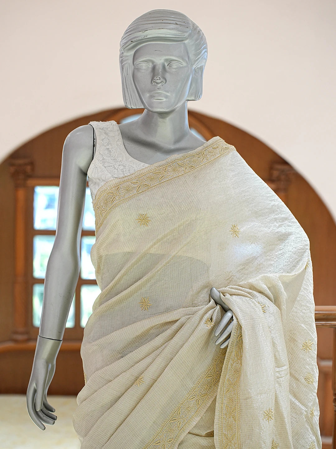 Ada Hand Embroidered Fawn Tissue Lucknowi Chikankari Saree and Blouse 01A836302