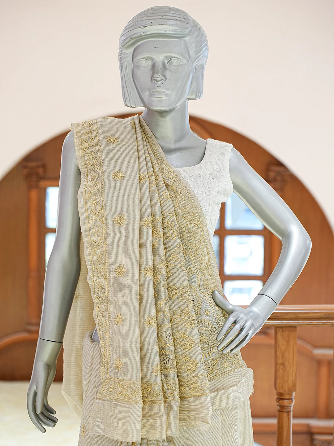Ada Hand Embroidered Fawn Tissue Lucknowi Chikankari Saree and Blouse 01A836302