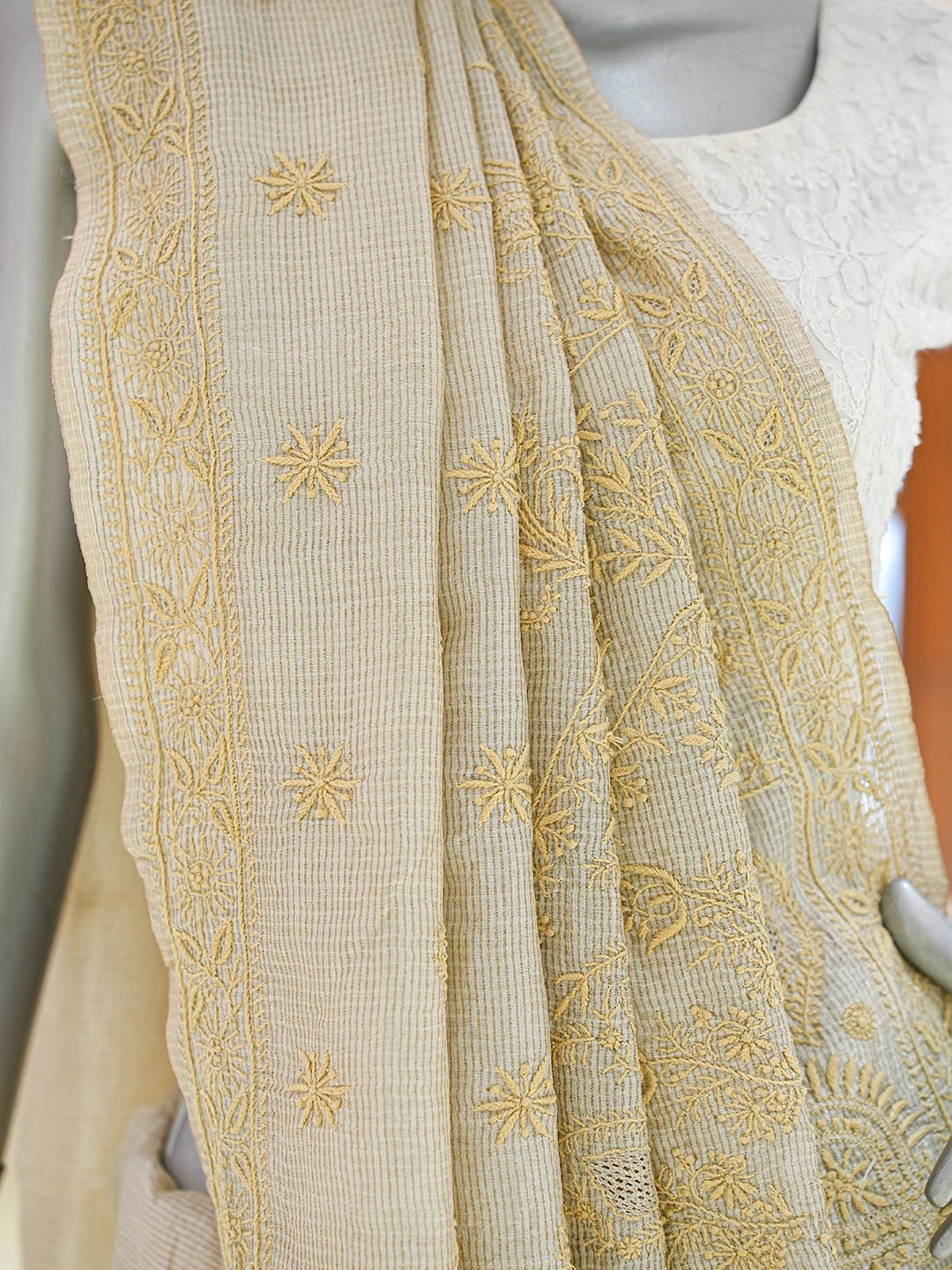 Ada Hand Embroidered Fawn Tissue Lucknowi Chikankari Saree and Blouse 01A836302