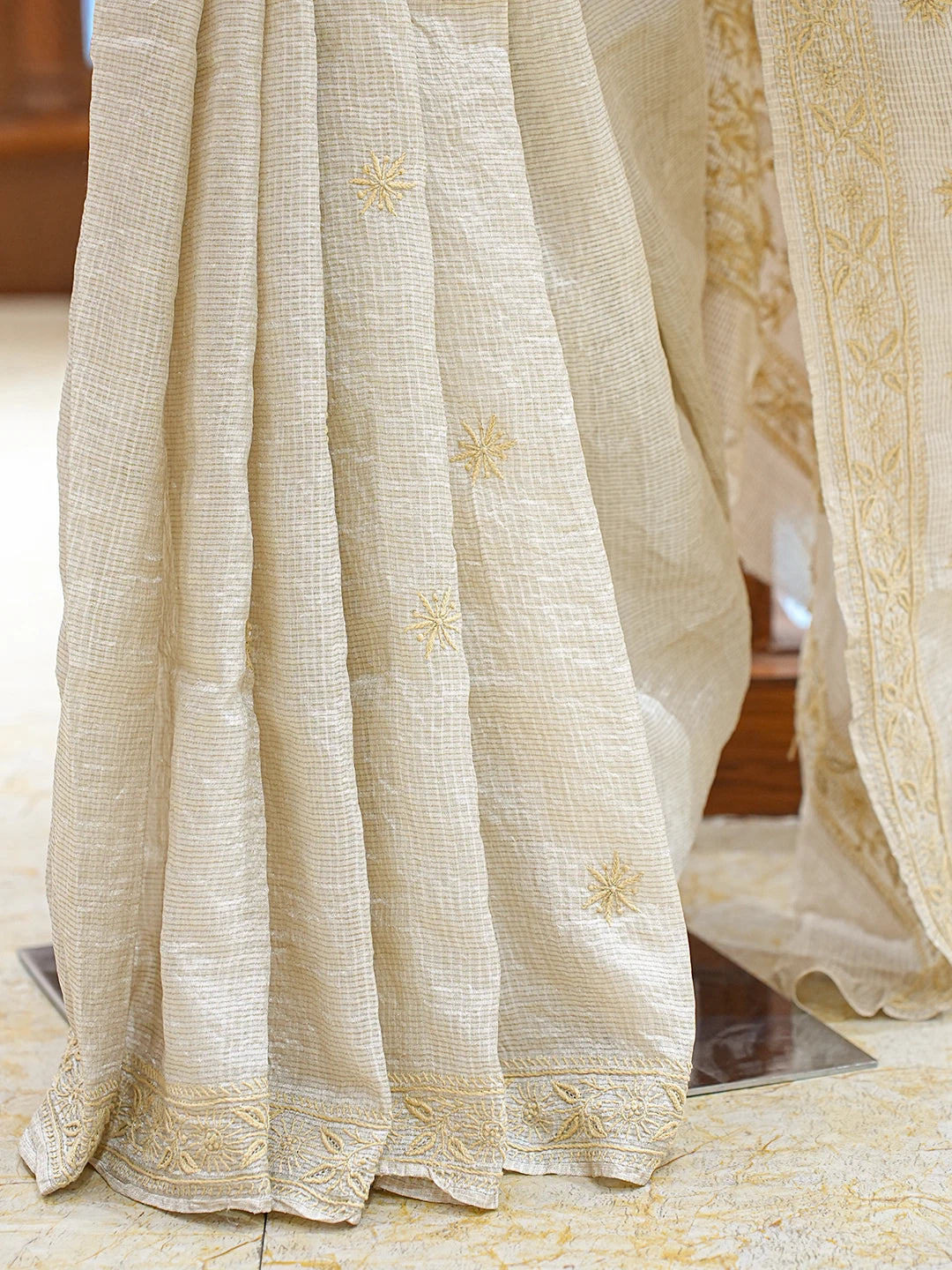 Ada Hand Embroidered Fawn Tissue Lucknowi Chikankari Saree and Blouse 01A836302