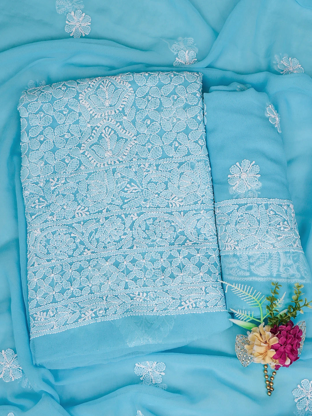 Ada Hand Embroidered Blue Georgette Lucknowi Chikankari Unstitched Suit Piece 01A835628
