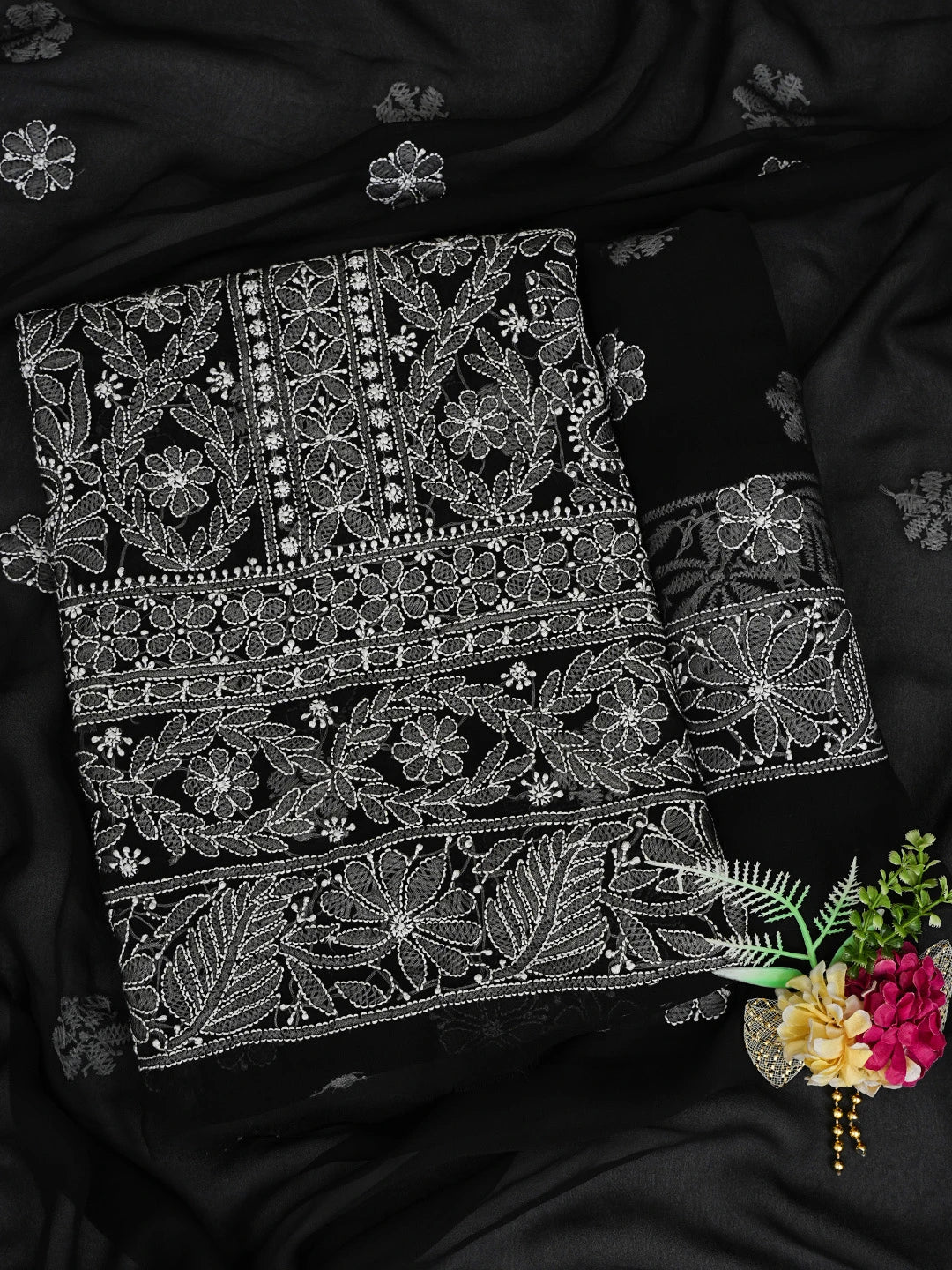 Ada Hand Embroidered Black Georgette Lucknowi Chikankari Unstitched Suit Piece 01A835647