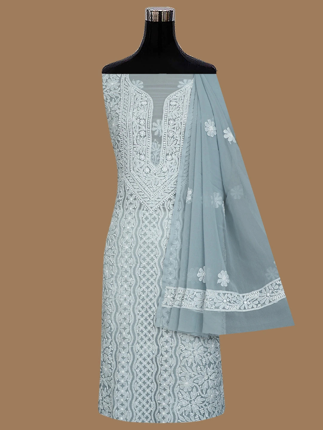 Ada Hand Embroidered Grey Georgette Lucknowi Chikankari Unstitched Suit Piece 01A835630