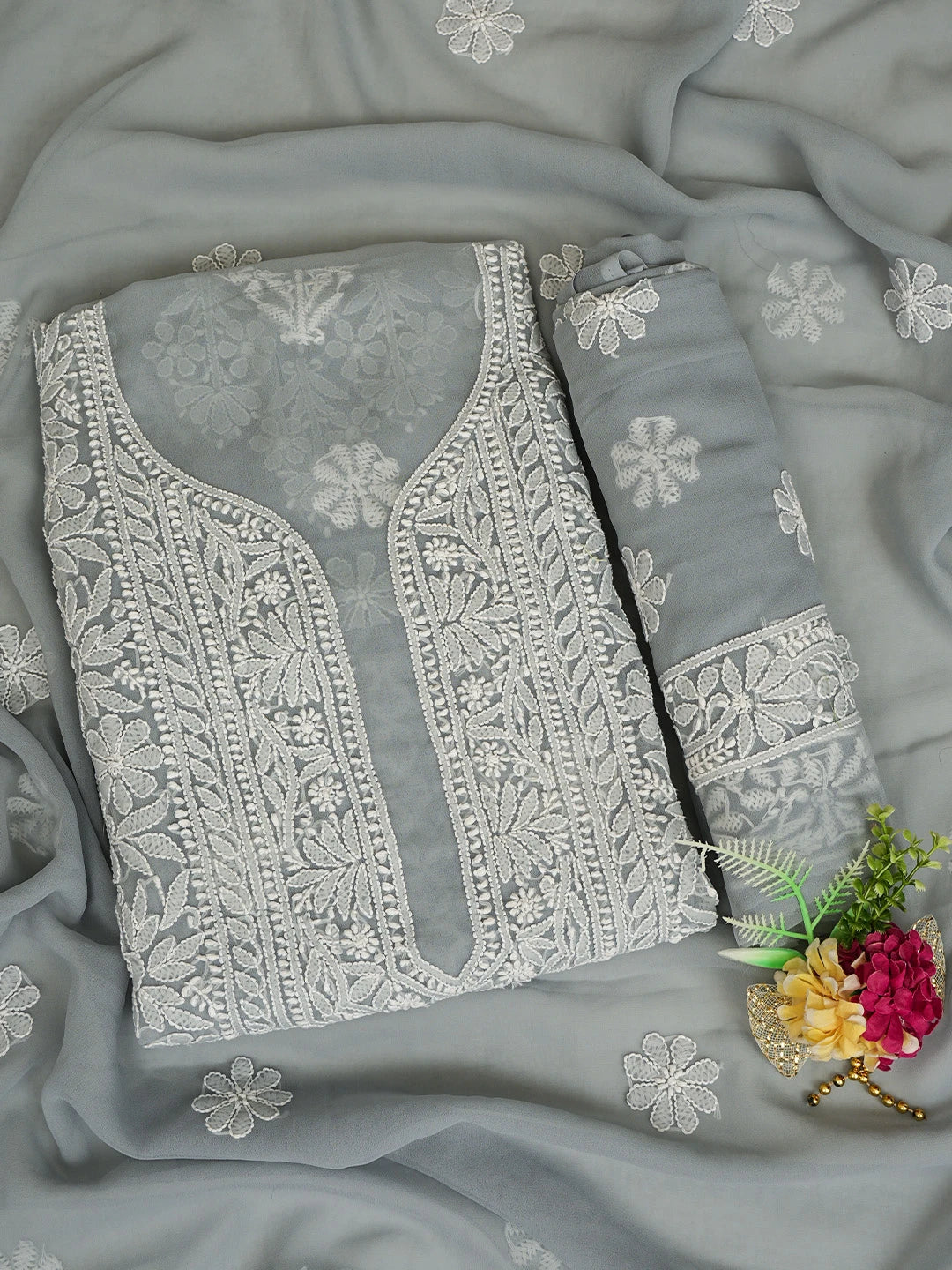 Ada Hand Embroidered Grey Georgette Lucknowi Chikankari Unstitched Suit Piece 01A835630