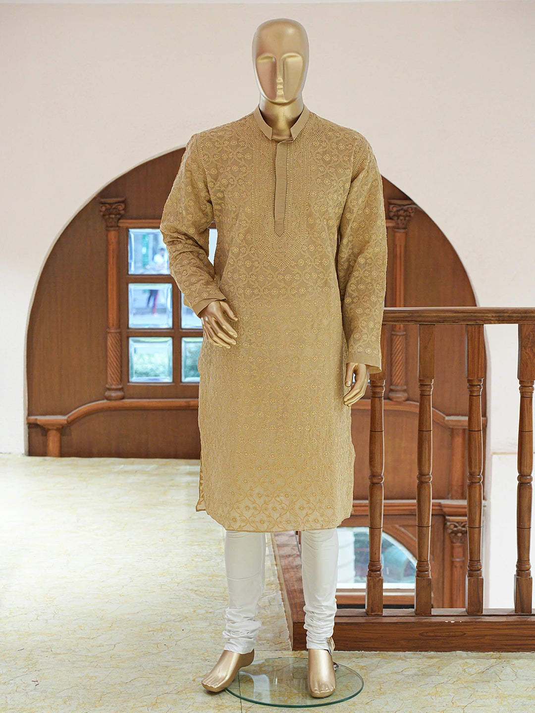 Ada Hand Embroidered Fawn Cotton Lucknowi Chikankari Stitched Men's Kurta Piece 01A836549
