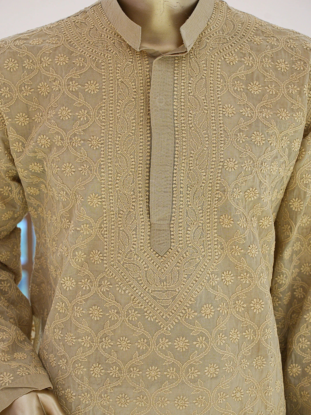 Ada Hand Embroidered Fawn Cotton Lucknowi Chikankari Stitched Men's Kurta Piece 01A836549