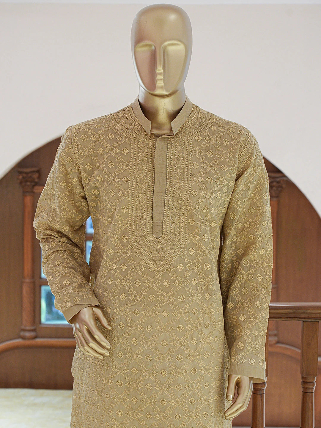 Ada Hand Embroidered Fawn Cotton Lucknowi Chikankari Stitched Men's Kurta Piece 01A836549