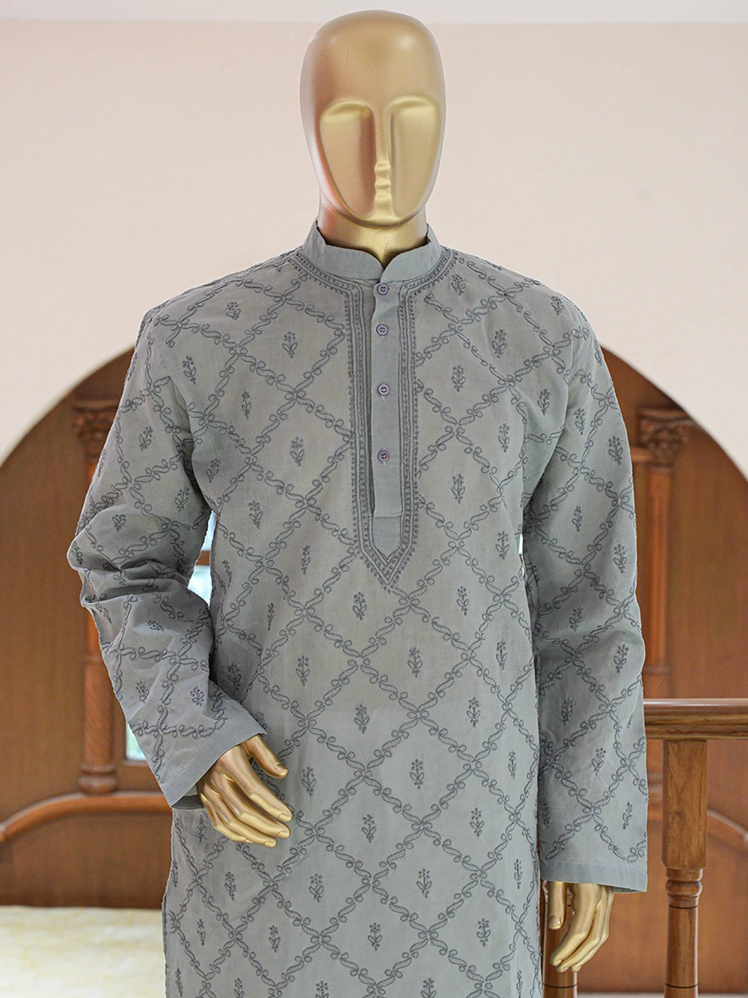 Ada Hand Embroidered Grey Cotton Lucknowi Chikankari Stitched Men's Kurta Piece 01A833320