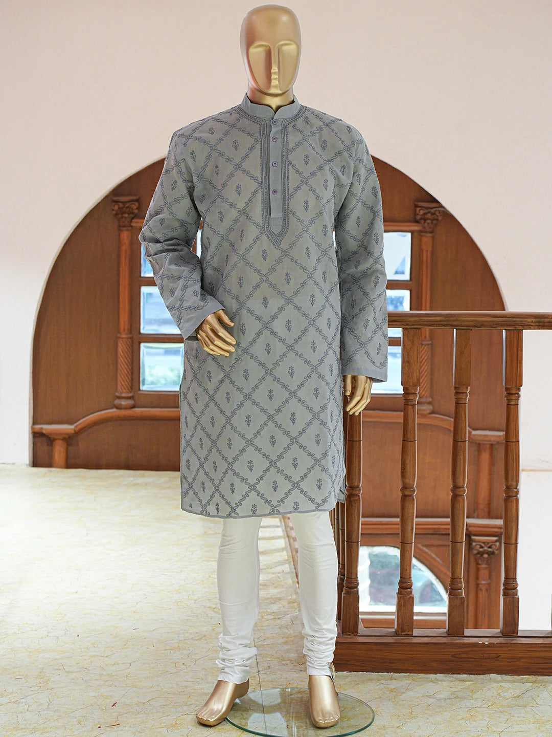 Ada Hand Embroidered Grey Cotton Lucknowi Chikankari Stitched Men's Kurta Piece 01A833320