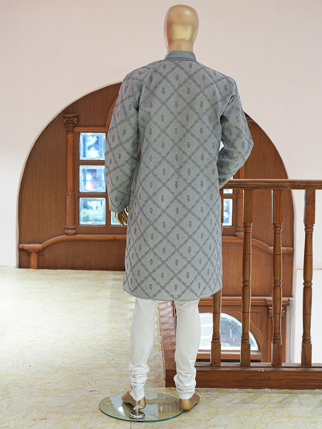 Ada Hand Embroidered Grey Cotton Lucknowi Chikankari Stitched Men's Kurta Piece 01A833320
