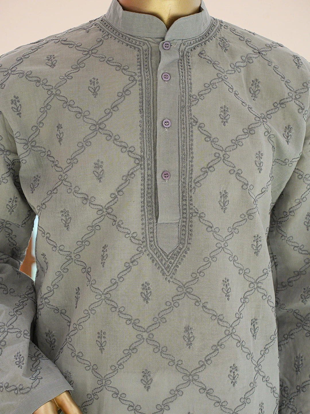 Ada Hand Embroidered Grey Cotton Lucknowi Chikankari Stitched Men's Kurta Piece 01A833320