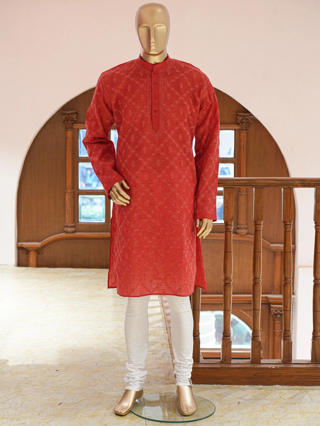 Ada Hand Embroidered Red Cotton Lucknowi Chikankari Stitched Men's Kurta Piece 01A833306