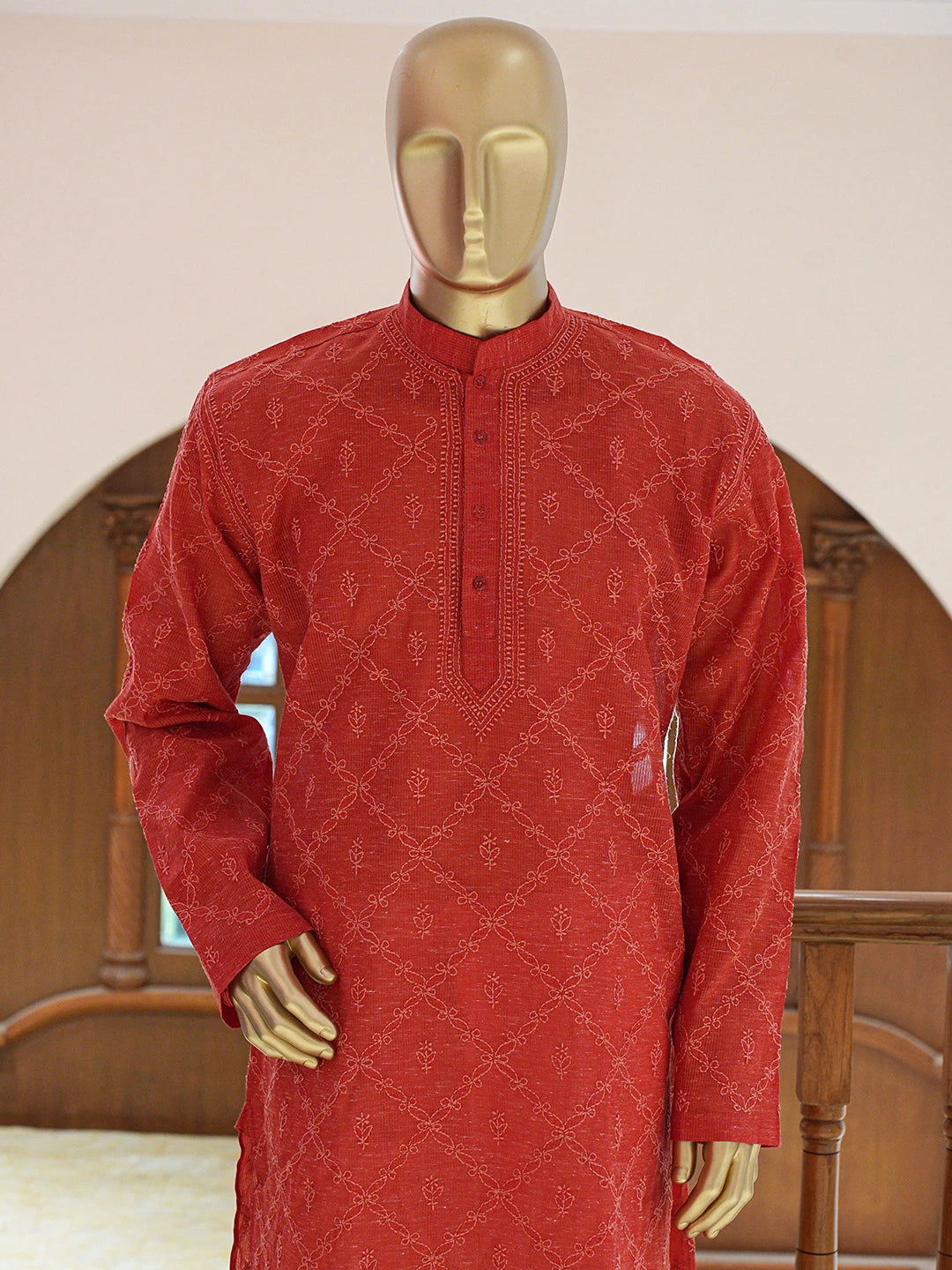 Ada Hand Embroidered Red Cotton Lucknowi Chikankari Stitched Men's Kurta Piece 01A833306