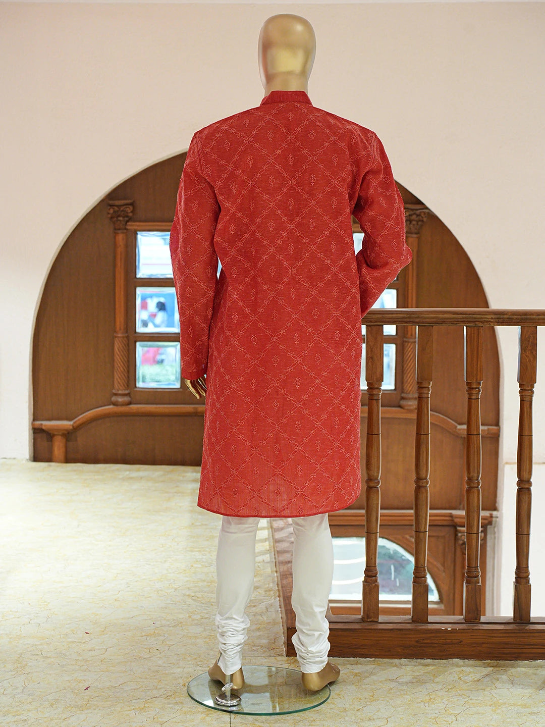 Ada Hand Embroidered Red Cotton Lucknowi Chikankari Stitched Men's Kurta Piece 01A833306