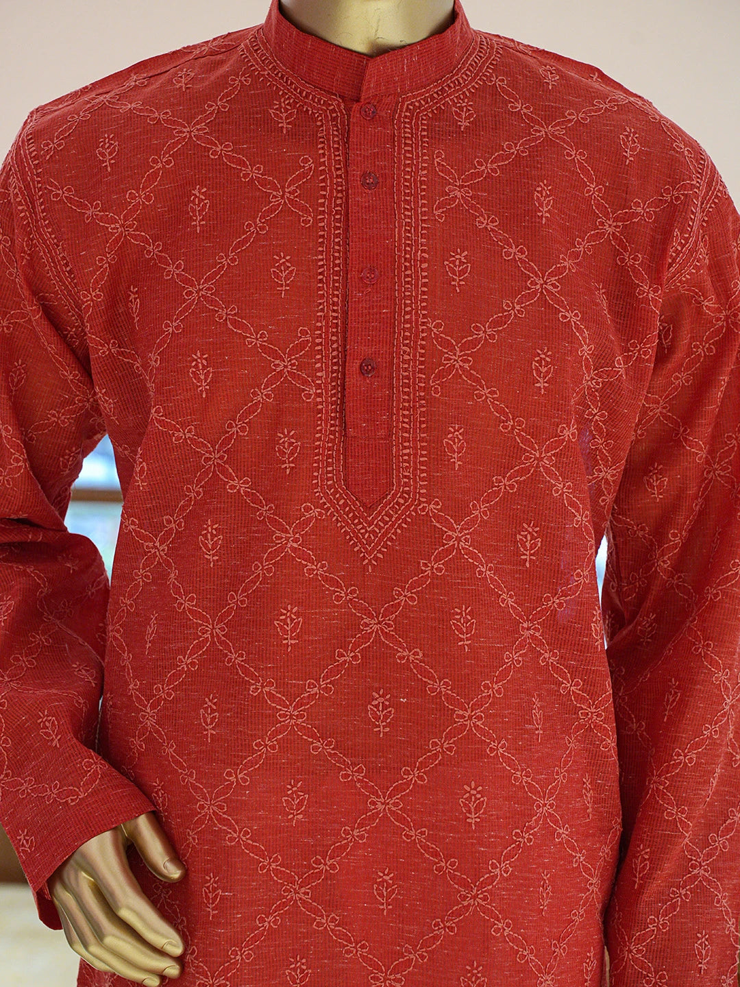 Ada Hand Embroidered Red Cotton Lucknowi Chikankari Stitched Men's Kurta Piece 01A833306