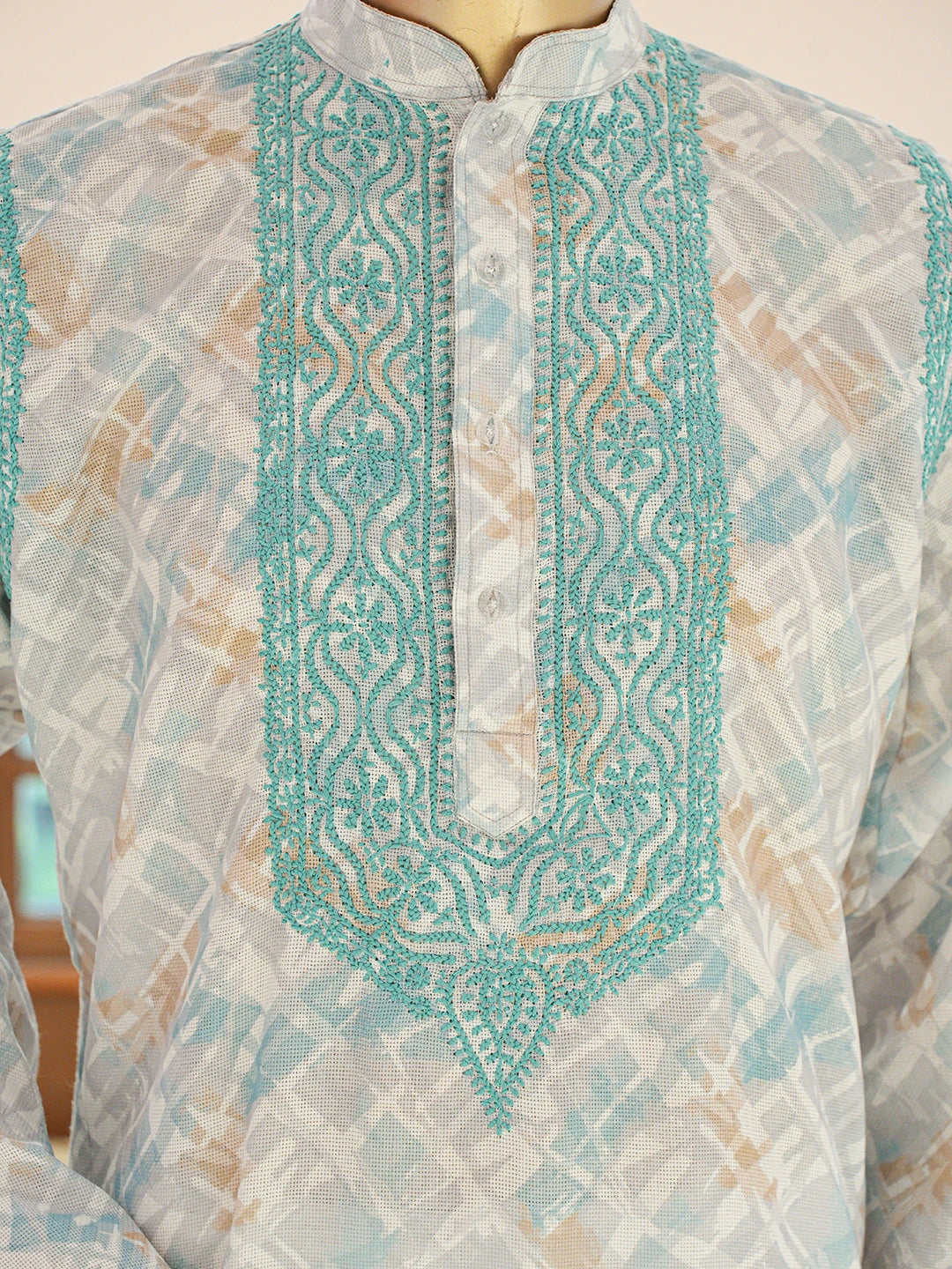 Ada Hand Embroidered Grey Cotton Lucknowi Chikankari Stitched Men's Kurta Piece 01A735338