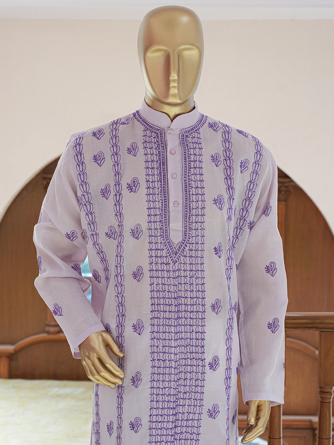 Ada Hand Embroidered Mauve Cotton Lucknowi Chikankari Stitched Men's Kurta Piece 01A221496