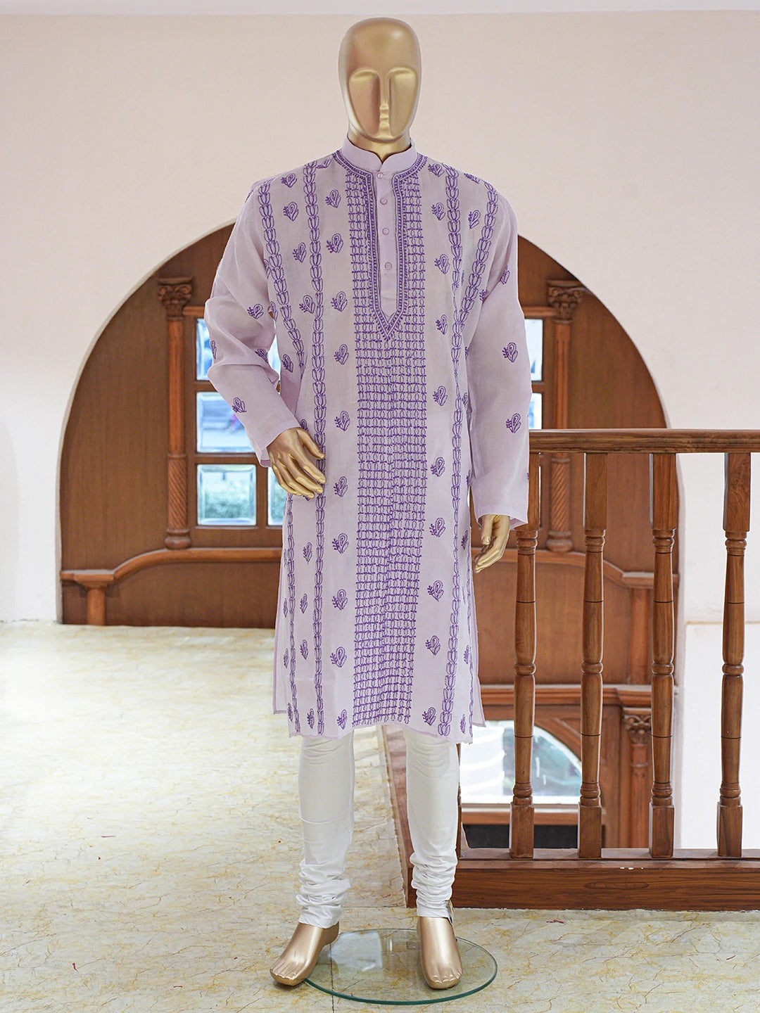 Ada Hand Embroidered Mauve Cotton Lucknowi Chikankari Stitched Men's Kurta Piece 01A221496