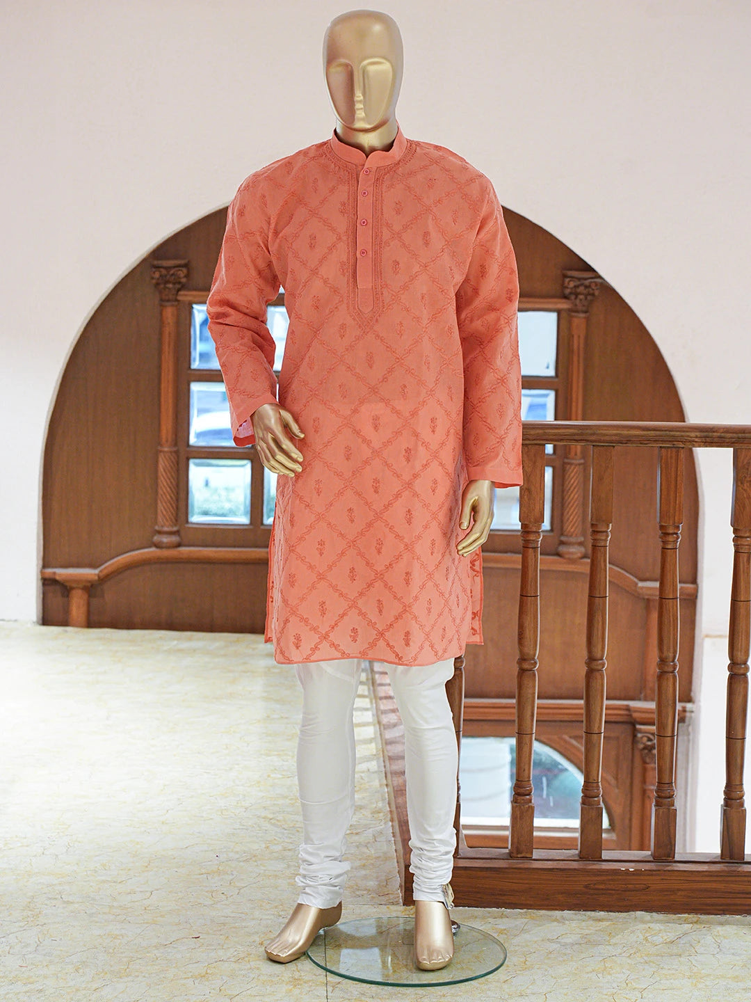 Ada Hand Embroidered Peach Cotton Lucknowi Chikankari Stitched Men's Kurta Piece 01A804977