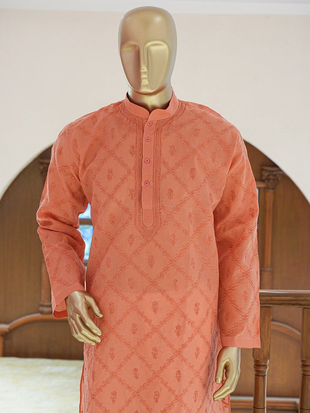 Ada Hand Embroidered Peach Cotton Lucknowi Chikankari Stitched Men's Kurta Piece 01A804977