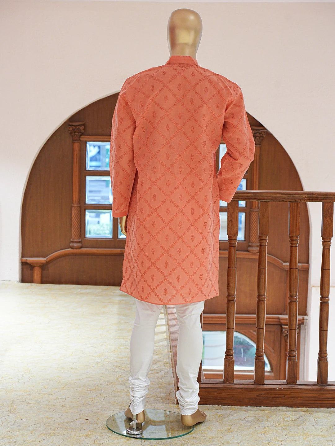 Ada Hand Embroidered Peach Cotton Lucknowi Chikankari Stitched Men's Kurta Piece 01A804977