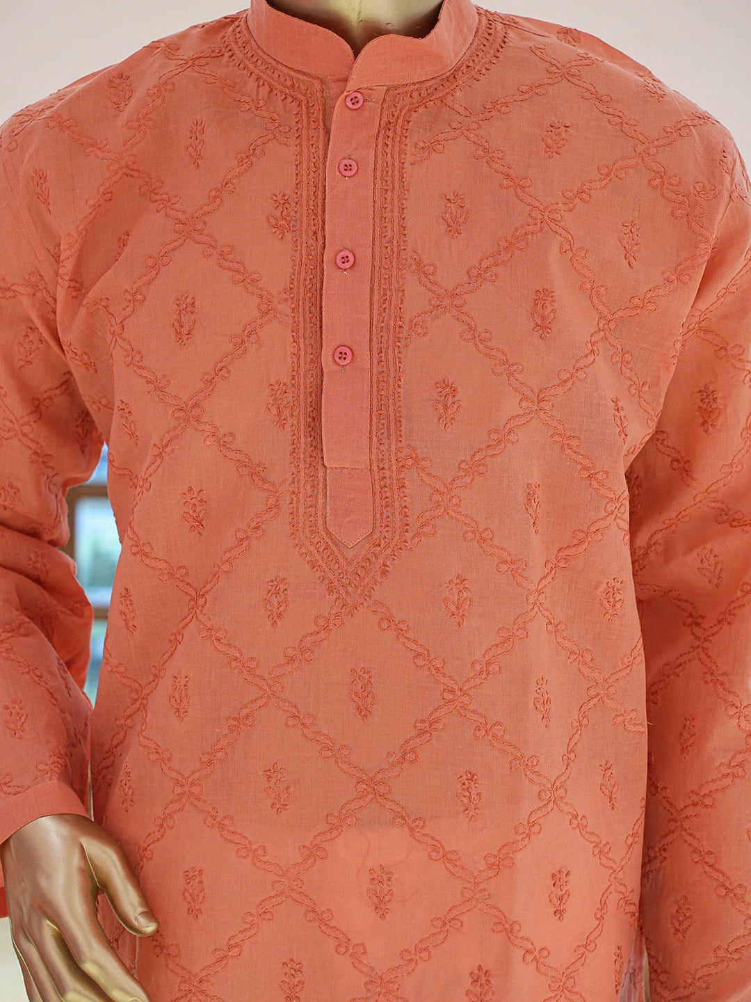 Ada Hand Embroidered Peach Cotton Lucknowi Chikankari Stitched Men's Kurta Piece 01A804977