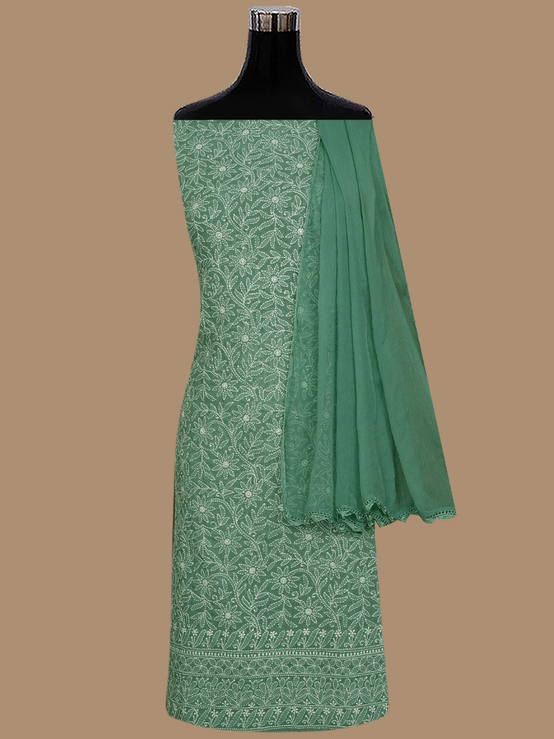 Ada Hand Embroidered Teal Green Cotton Lucknowi Chikankari Unstitched Suit Piece 01A844681