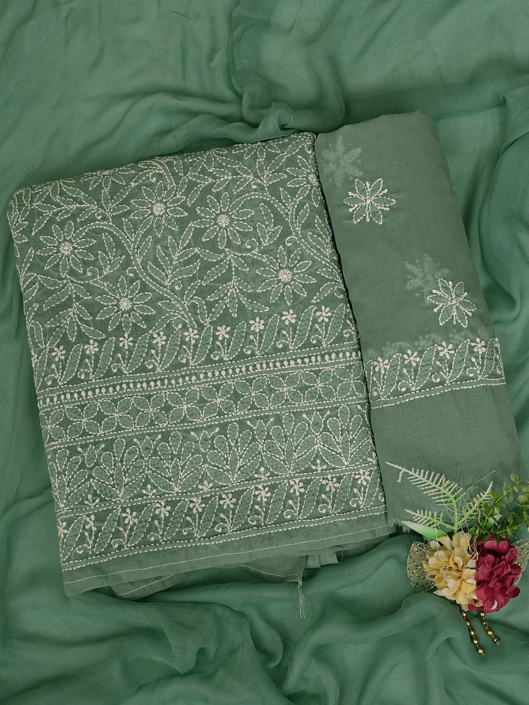 Ada Hand Embroidered Teal Green Cotton Lucknowi Chikankari Unstitched Suit Piece 01A844681