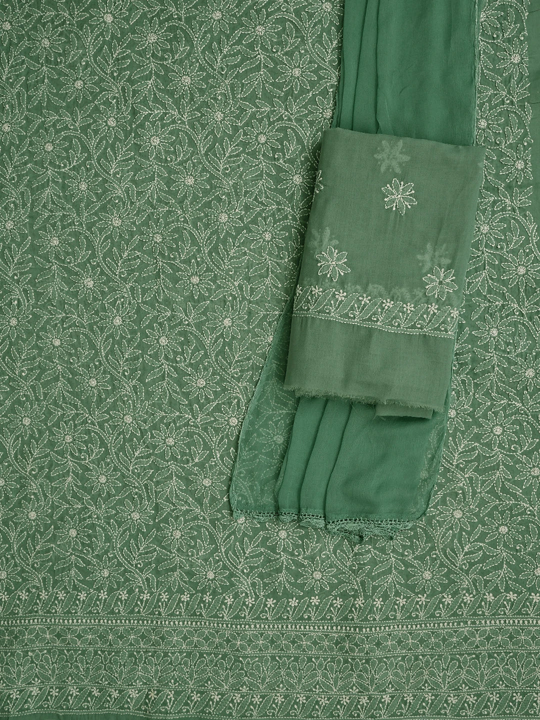 Ada Hand Embroidered Teal Green Cotton Lucknowi Chikankari Unstitched Suit Piece 01A844681