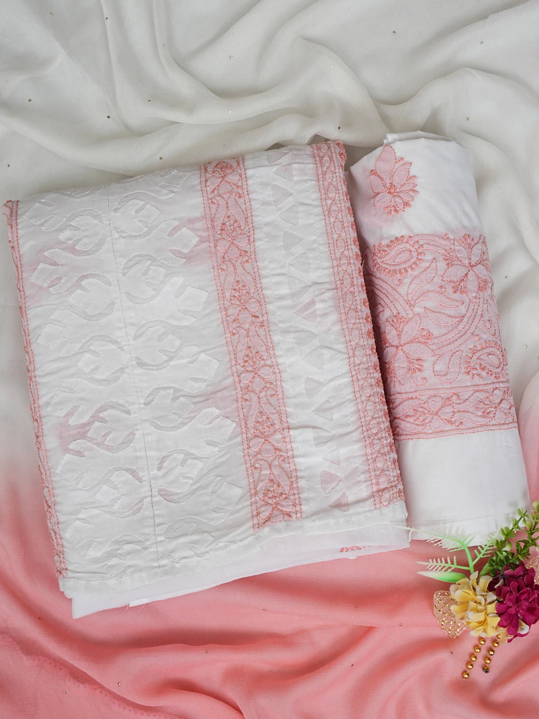 Ada Hand Embroidered White Cotton Lucknowi Chikankari Unstitched Suit Piece With Mukaish Work 01A845290