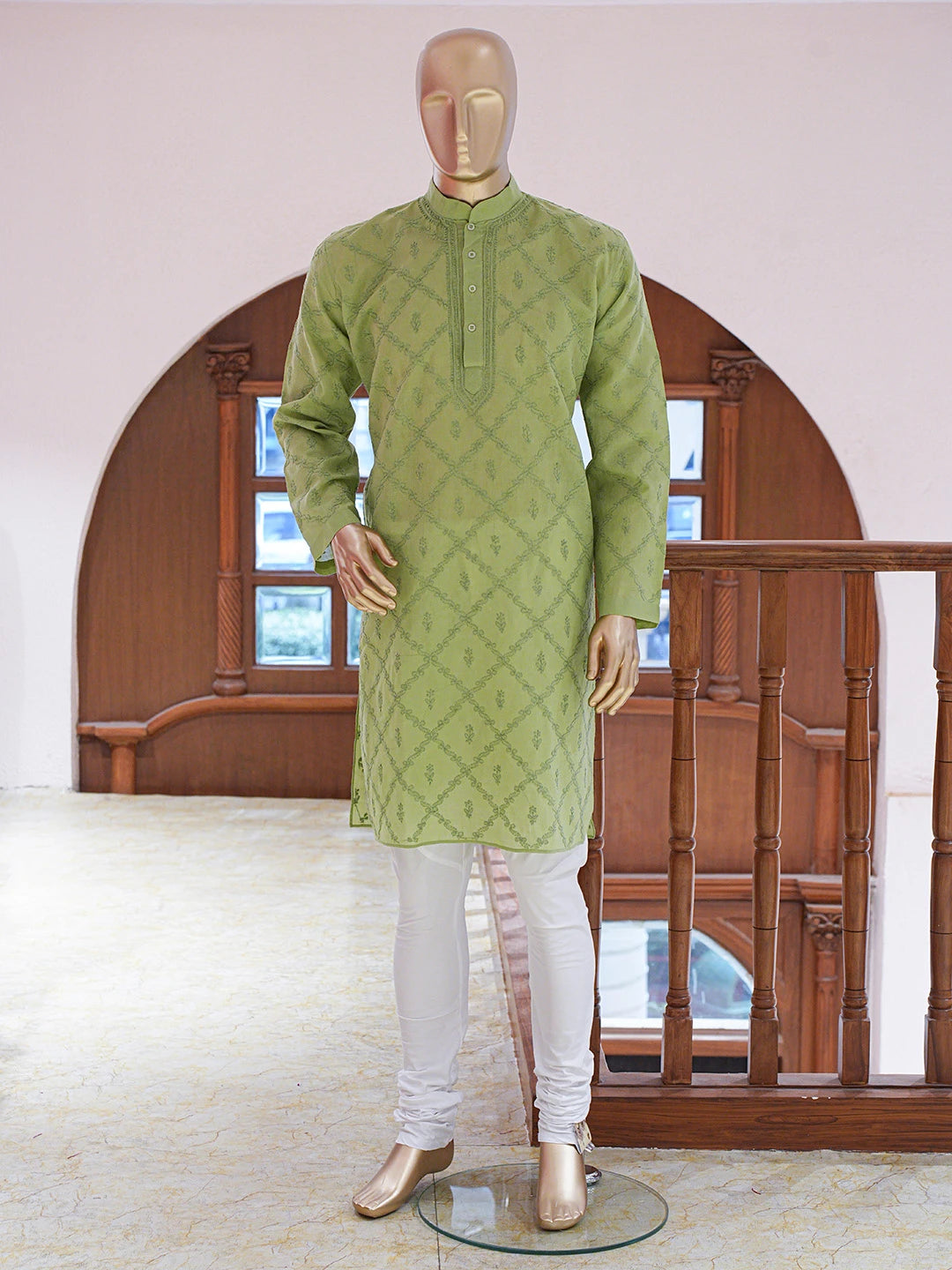 Ada Hand Embroidered Green Cotton Lucknowi Chikankari Stitched Men's Kurta Piece 01A783158