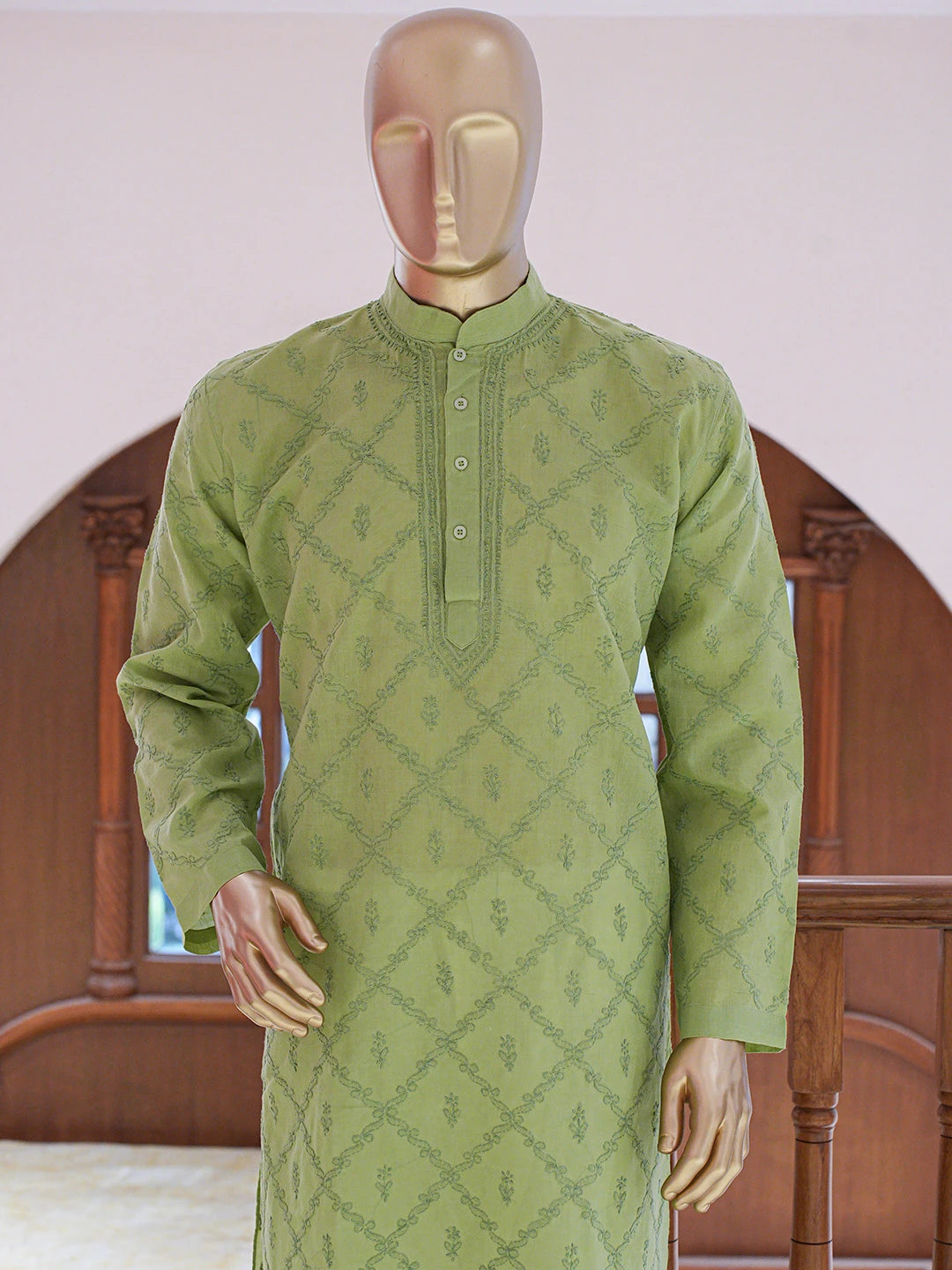 Ada Hand Embroidered Green Cotton Lucknowi Chikankari Stitched Men's Kurta Piece 01A783158