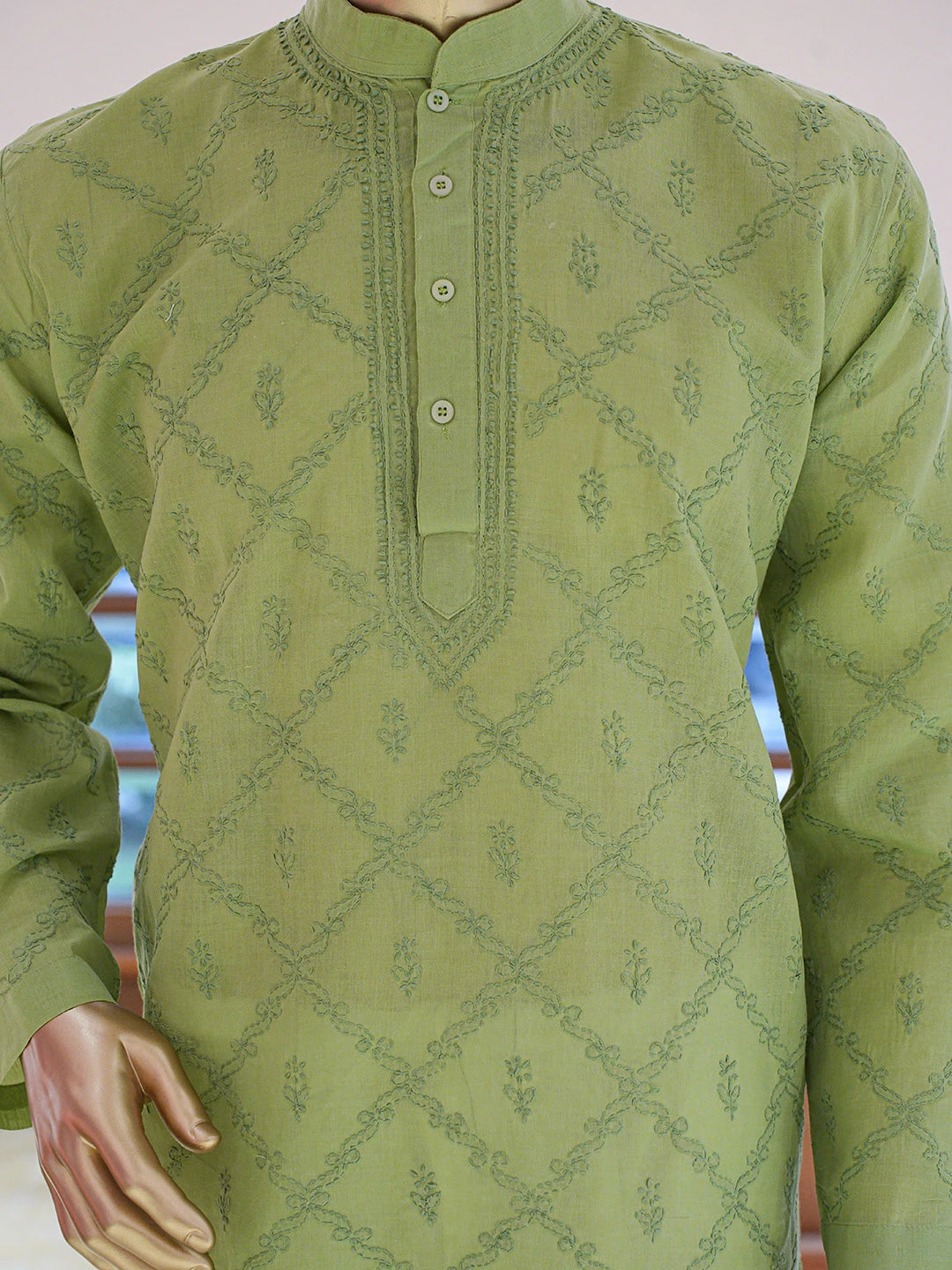 Ada Hand Embroidered Green Cotton Lucknowi Chikankari Stitched Men's Kurta Piece 01A783158