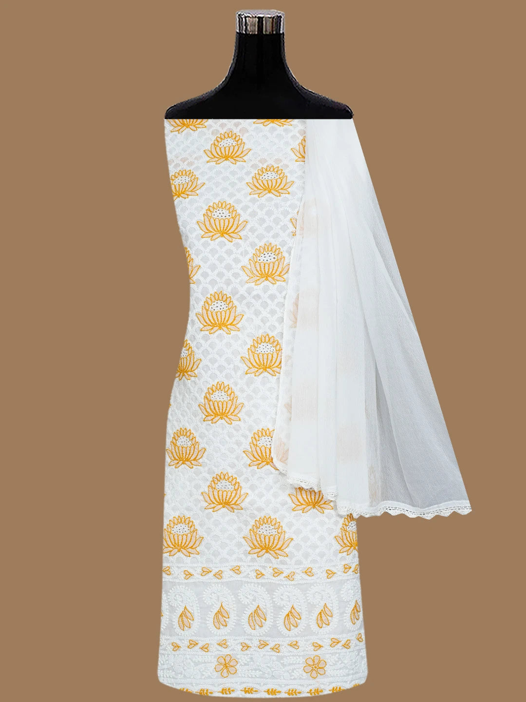 Ada Hand Embroidered White Cotton Lucknowi Chikankari Unstitched Suit Piece 01A844698