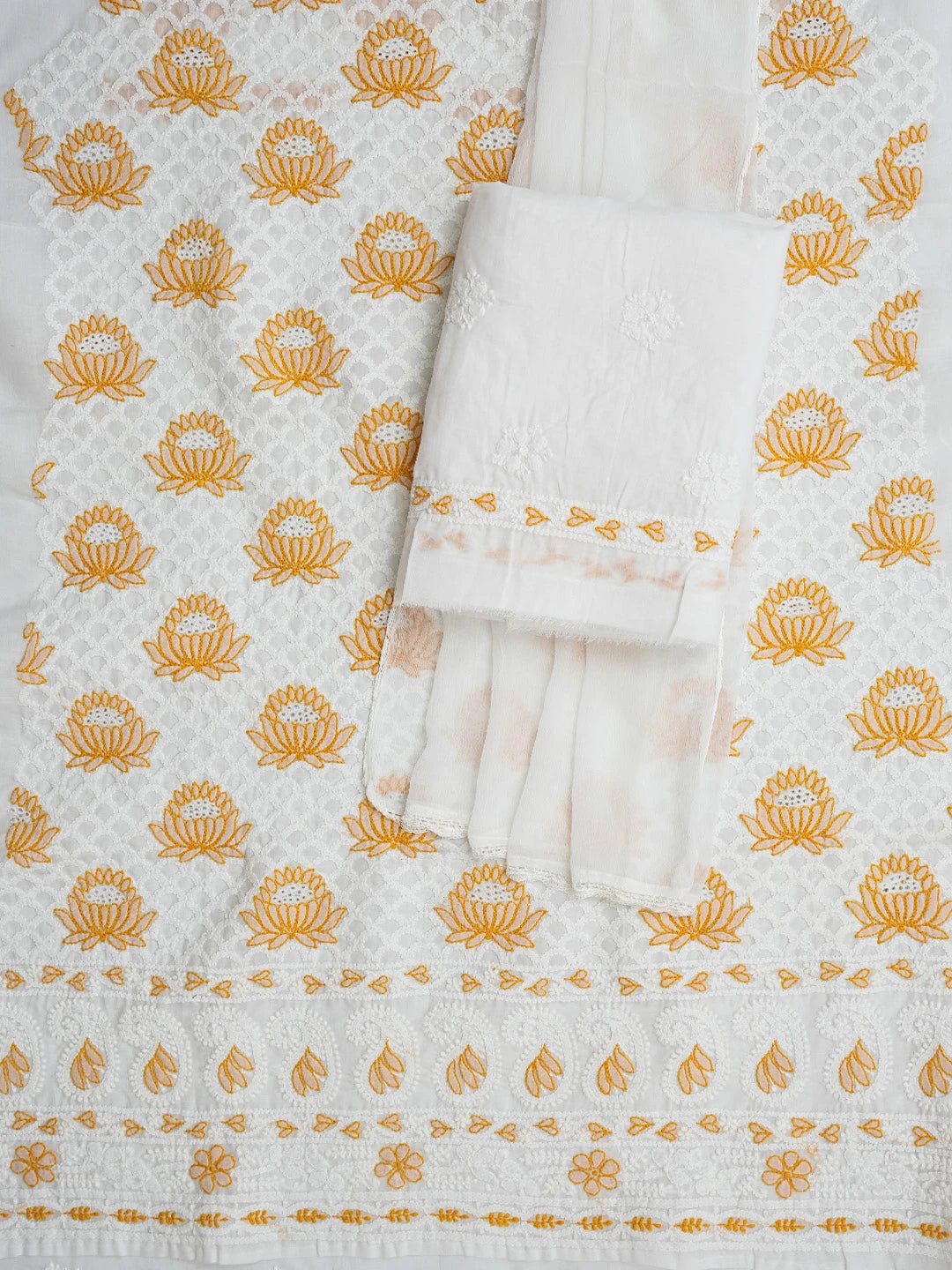 Ada Hand Embroidered White Cotton Lucknowi Chikankari Unstitched Suit Piece 01A844698