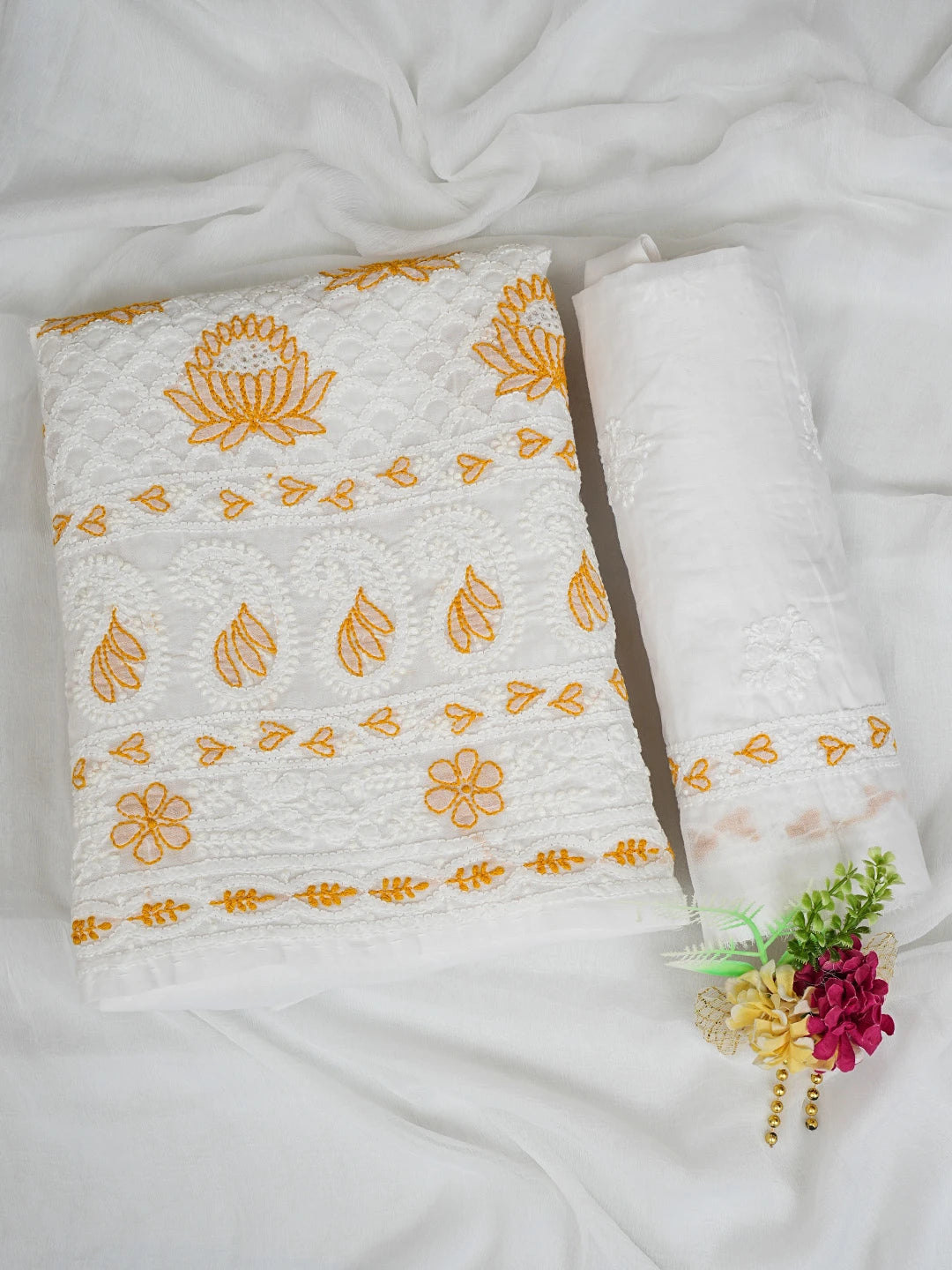 Ada Hand Embroidered White Cotton Lucknowi Chikankari Unstitched Suit Piece 01A844698