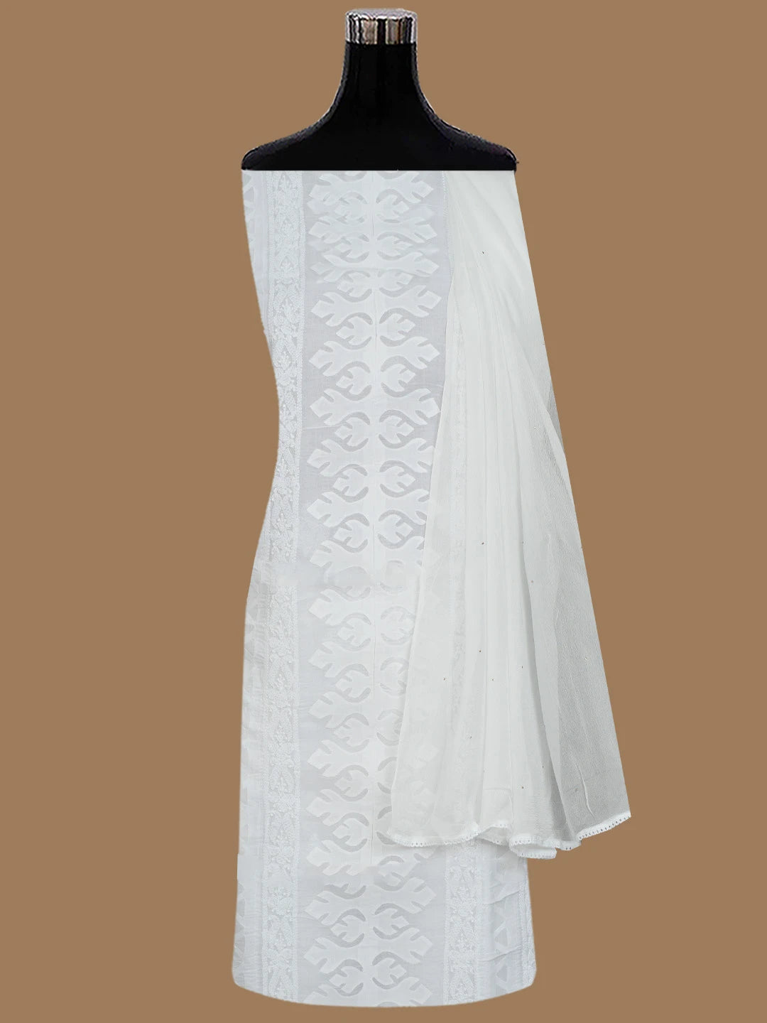 Ada Hand Embroidered White Cotton Lucknowi Chikankari Unstitched Suit Piece With Muqaish Work 01A845270