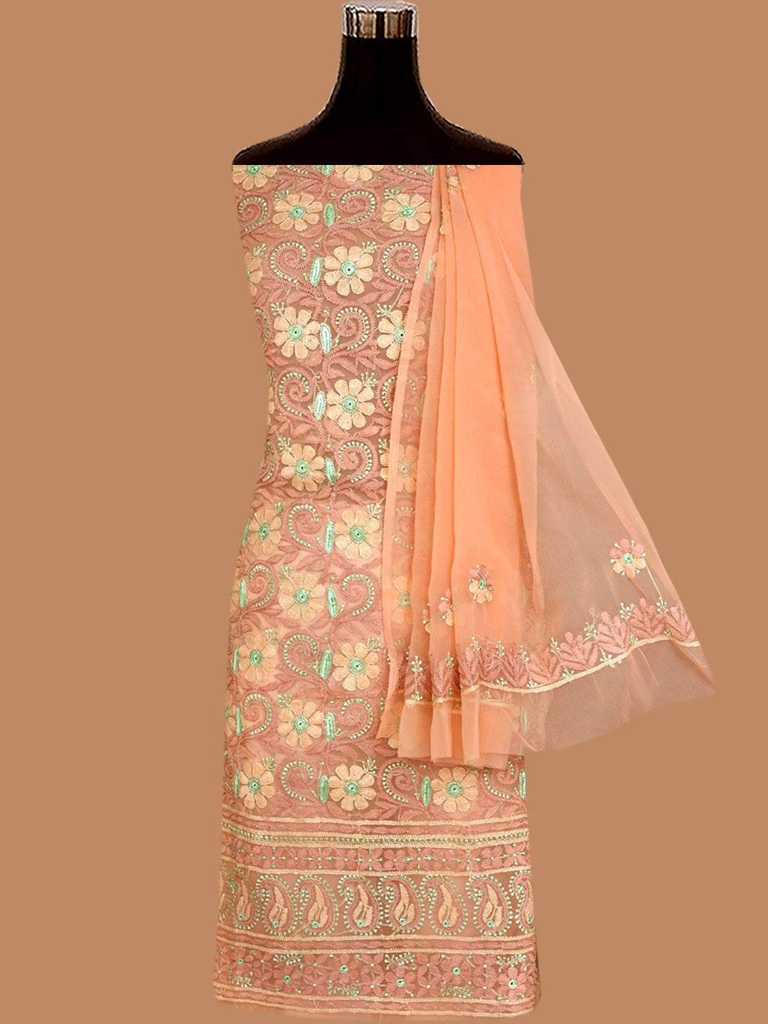 Ada Hand Embroidered Dark Peach Georgette Lucknowi Chikankari Unstitched Suit Piece 01A845184