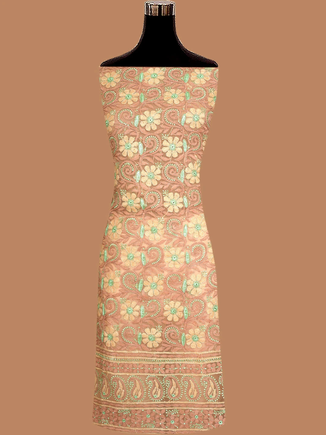Ada Hand Embroidered Dark Peach Georgette Lucknowi Chikankari Unstitched Suit Piece 01A845184