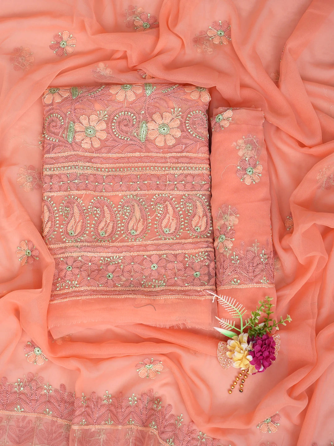 Ada Hand Embroidered Dark Peach Georgette Lucknowi Chikankari Unstitched Suit Piece 01A845184