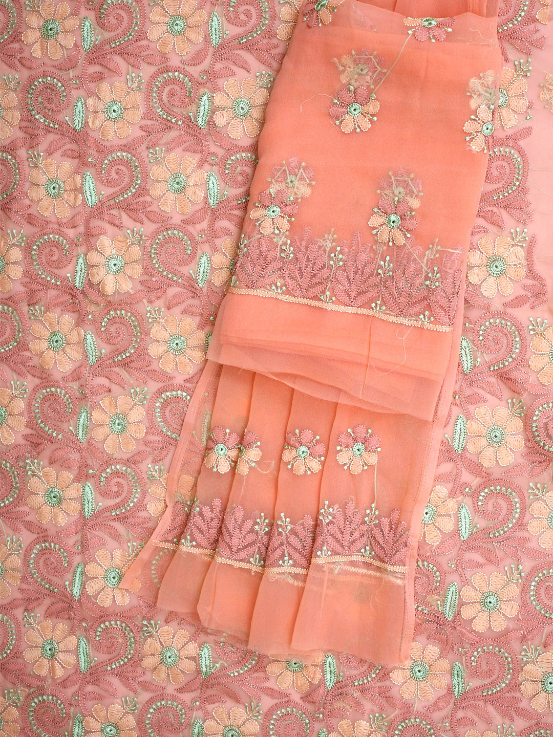 Ada Hand Embroidered Dark Peach Georgette Lucknowi Chikankari Unstitched Suit Piece 01A845184