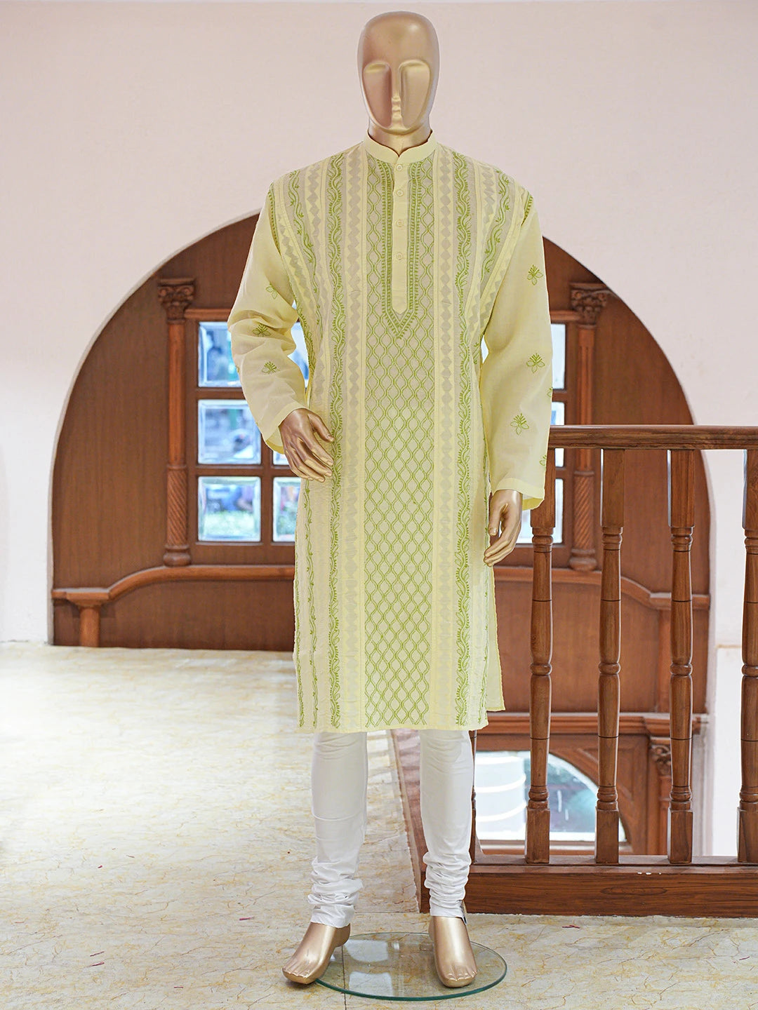 Ada Hand Embroidered Lemon Cotton Lucknowi Chikankari Stitched Men's Kurta Piece 01A835106