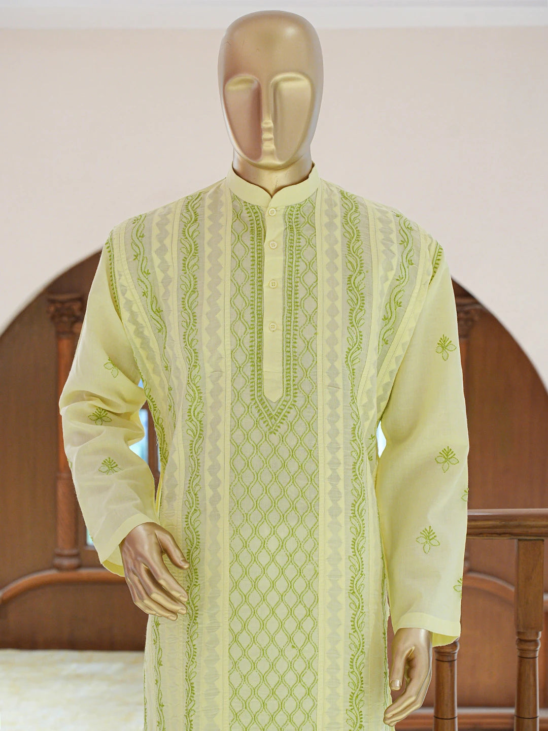 Ada Hand Embroidered Lemon Cotton Lucknowi Chikankari Stitched Men's Kurta Piece 01A835106